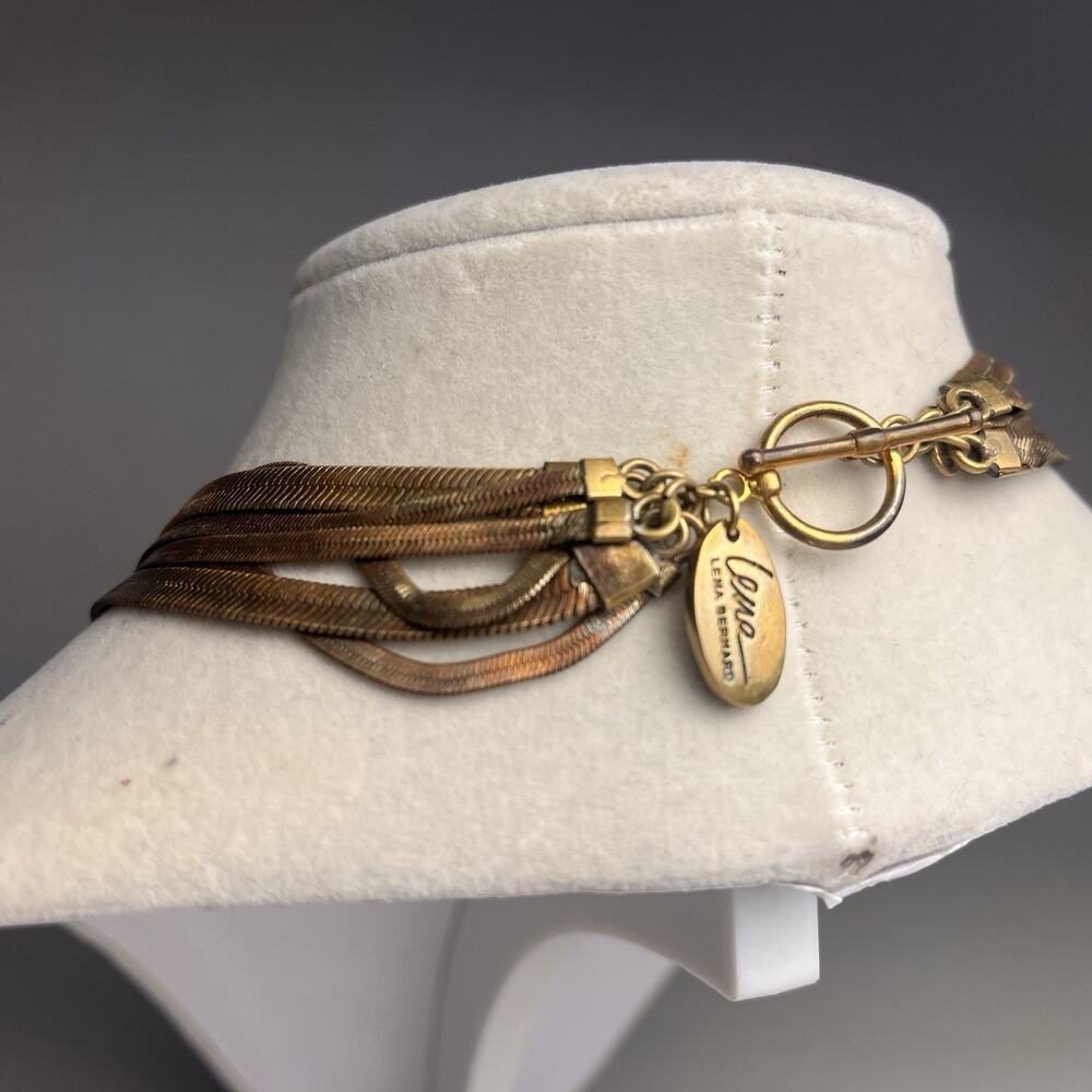 Lena Bernard Multi Strand Herringbone Necklace Rose Quartz Pendant Gold Tone VTG - Picture 6 of 12